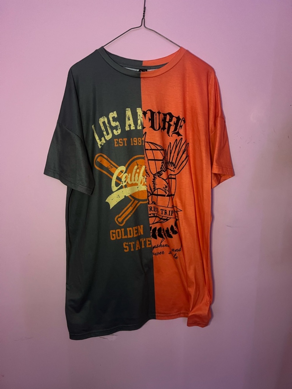 Two-Tone Graphic Tee in Olive Green & Orange